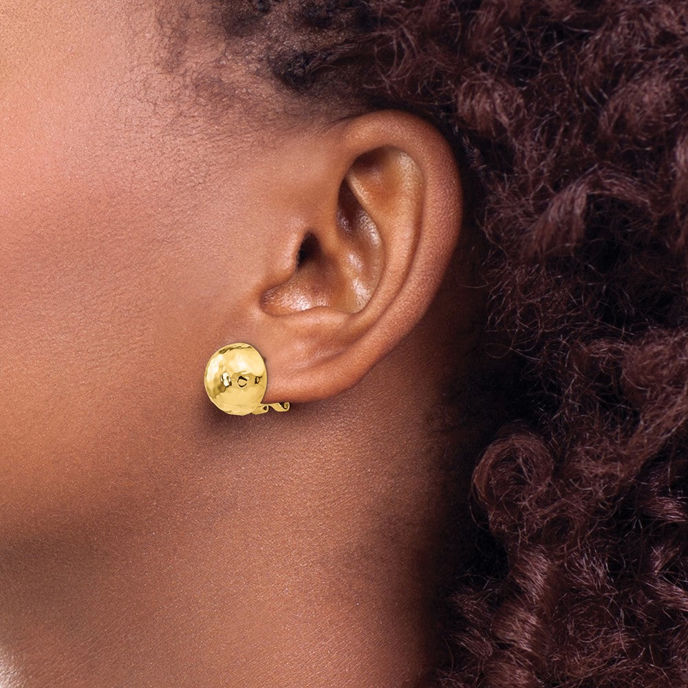 Gold Hammered Button Omega Back Earrings
