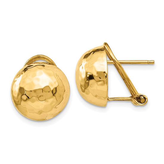Gold Hammered Button Omega Back Earrings