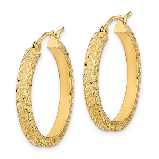 14K 3x26mm Polished Satin Diamond-cut Fancy Hoop Earrings
