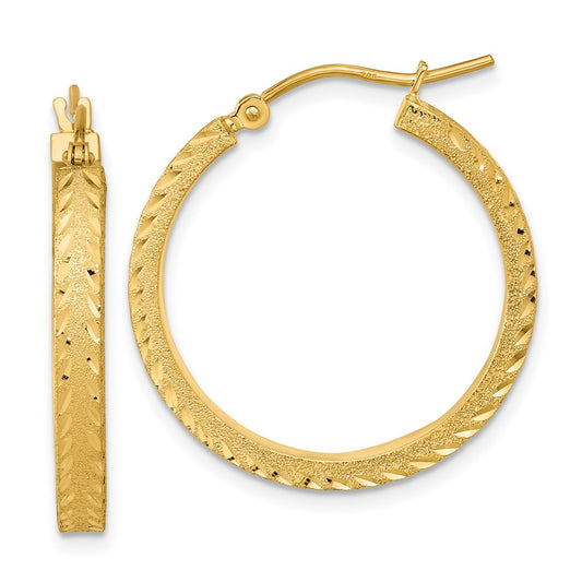 14K 3x26mm Polished Satin Diamond-cut Fancy Hoop Earrings