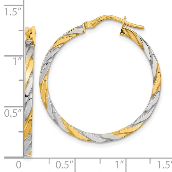2mm Gold Rhodium Twisted Square Tube Hoop Earrings