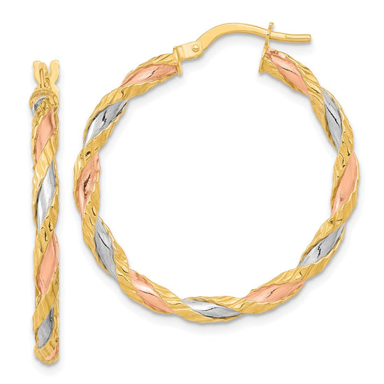 3mm Gold White & Rhodium Twisted Hoop Earrings