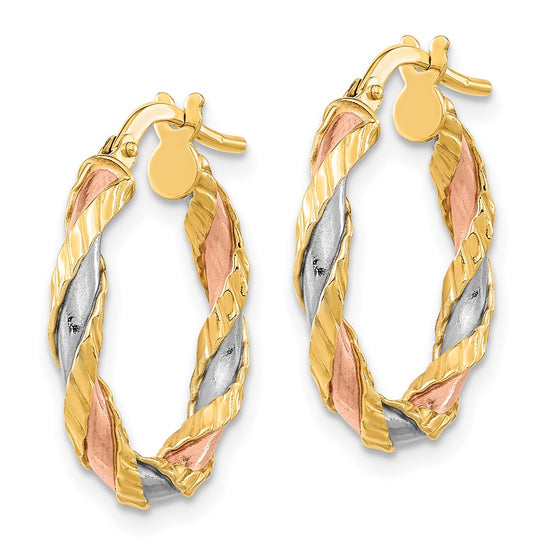 3mm Gold White & Rhodium Twisted Hoop Earrings