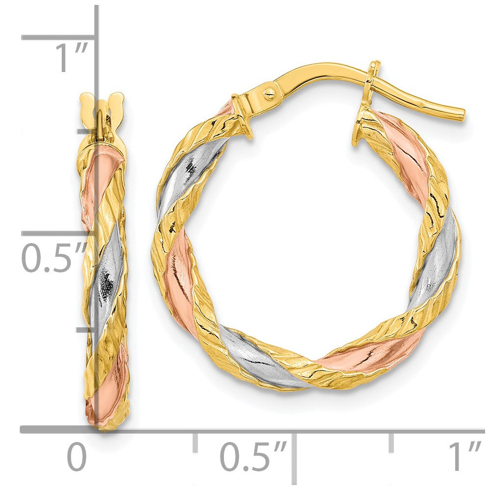 3mm Gold White & Rhodium Twisted Hoop Earrings