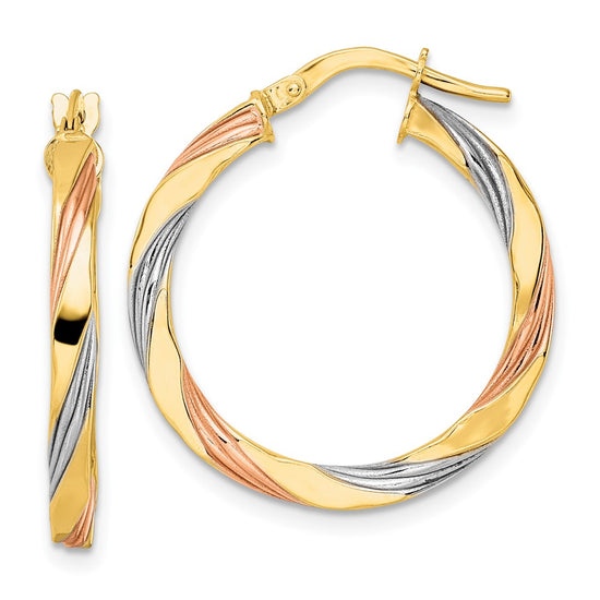 Gold w/White and Rose Rhodium Twisted Hoop Earrings