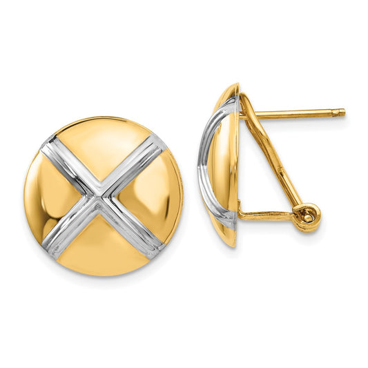 14k and White Rhodium 16mm Polished X-Circle Omega Back Post Earrings