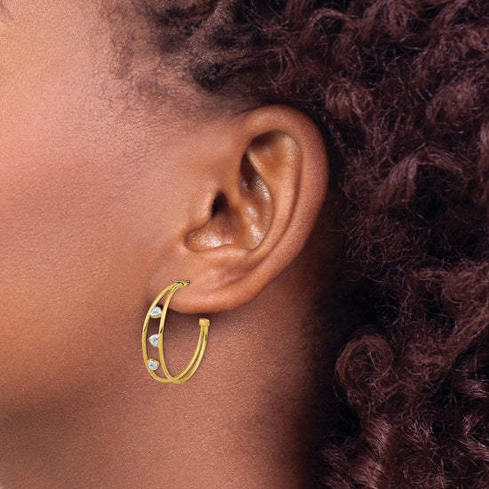 14K & White Rhodium Polished CZ Post Hoop Earrings