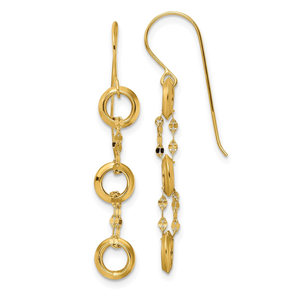 14K Three Circle and Chain Dangle French Hook Earrings