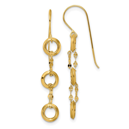 14K Three Circle and Chain Dangle French Hook Earrings