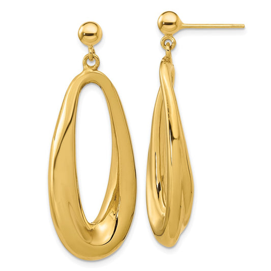 14K Polished Hollow Wavy Oval Dangle Post Earrings