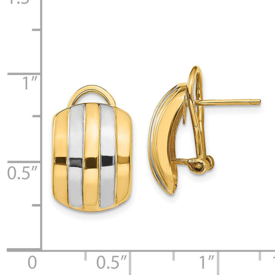 14k and White Rhodium 12x17mm Polished Ribbed Omega Back Post Earrings