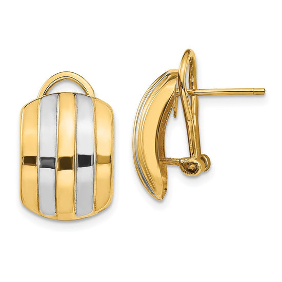14k and White Rhodium 12x17mm Polished Ribbed Omega Back Post Earrings