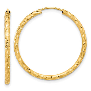 14k 2.00x30mm Polished and Satin Diamond-cut Endless Tube Hoop Earrings