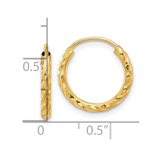 14k 2.00x15mm Polished and Satin Diamond-cut Endless Tube Hoop Earrings