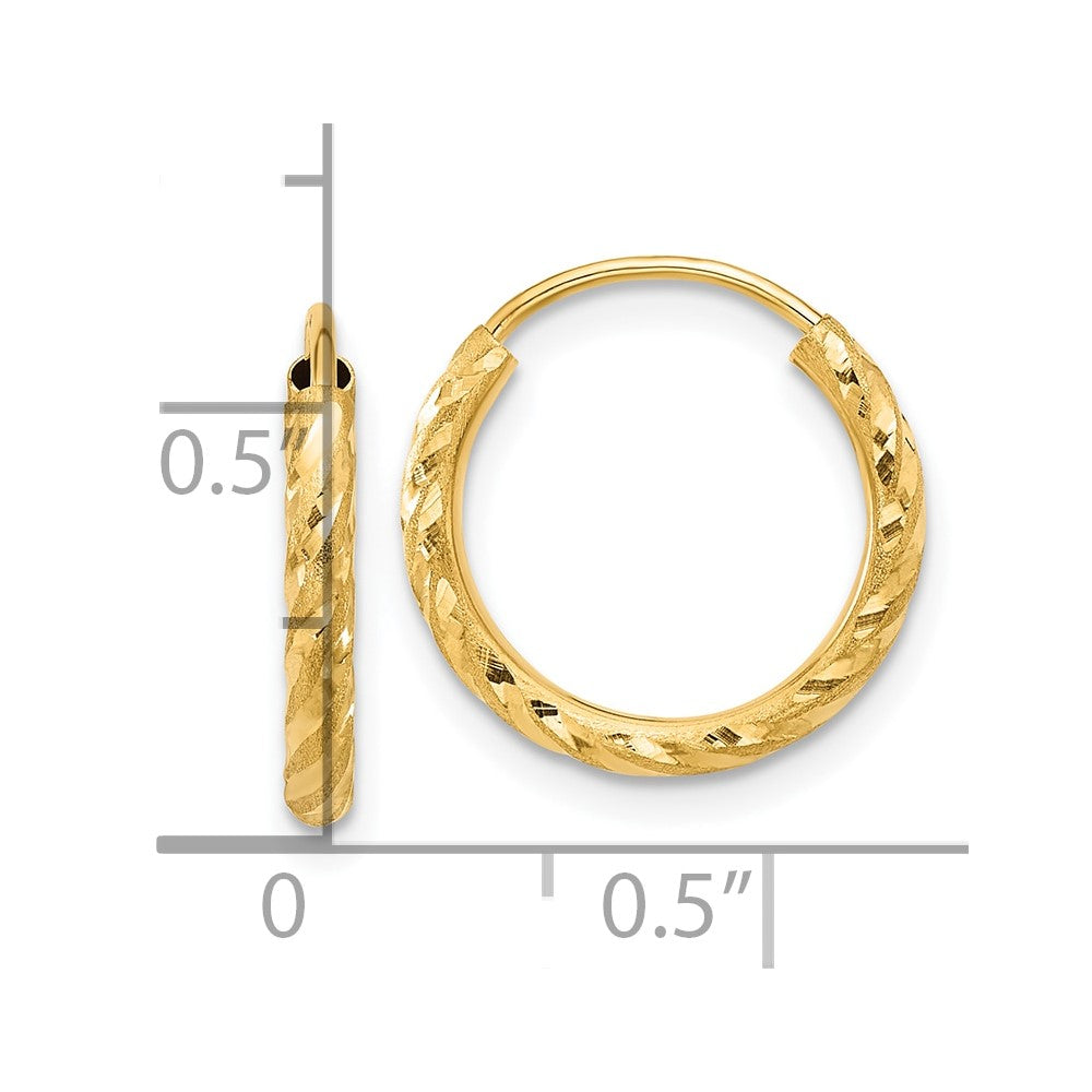 14k 2.00x15mm Polished and Satin Diamond-cut Endless Tube Hoop Earrings