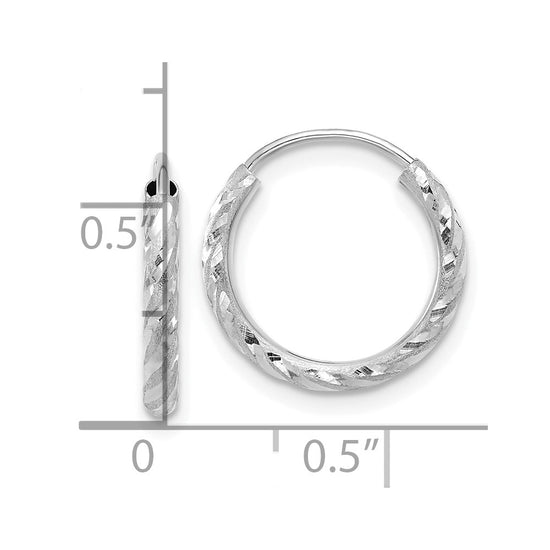 14k White Gold 2.00x14mm Polished and Satin Diamond-cut Endless Tube Hoop Earrings