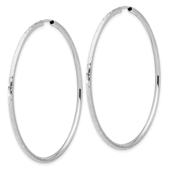 14k White Gold 2.00x55mm Polished and Satin Diamond-cut Endless Tube Hoop Earrings