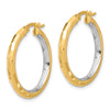 14K with White Rhodium Polished and Diamond-cut Hoop Earrings