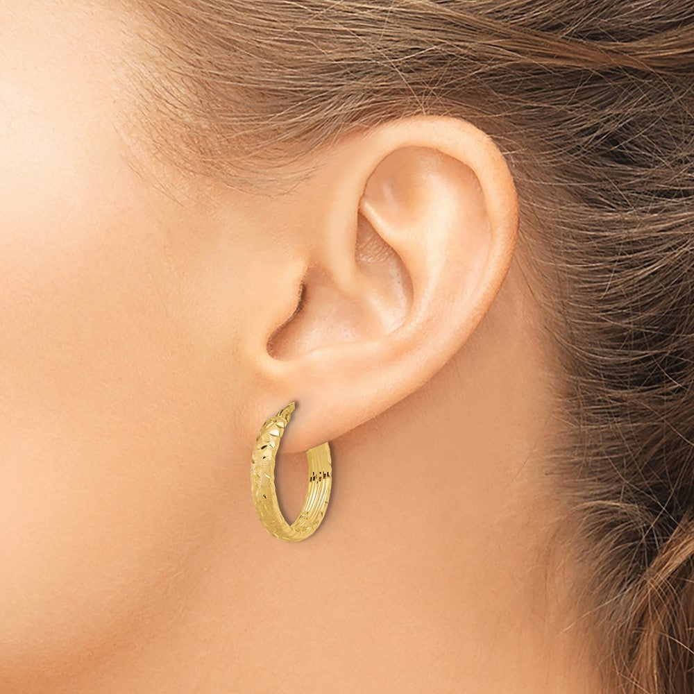 14K Satin 4mm Diamond Cut Hoop Earrings