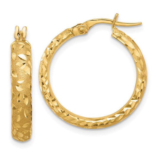 14K Satin 4mm Diamond Cut Hoop Earrings
