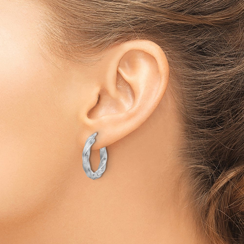14k White Gold 3.5mm Twisted & Textured Round Hoop Earrings