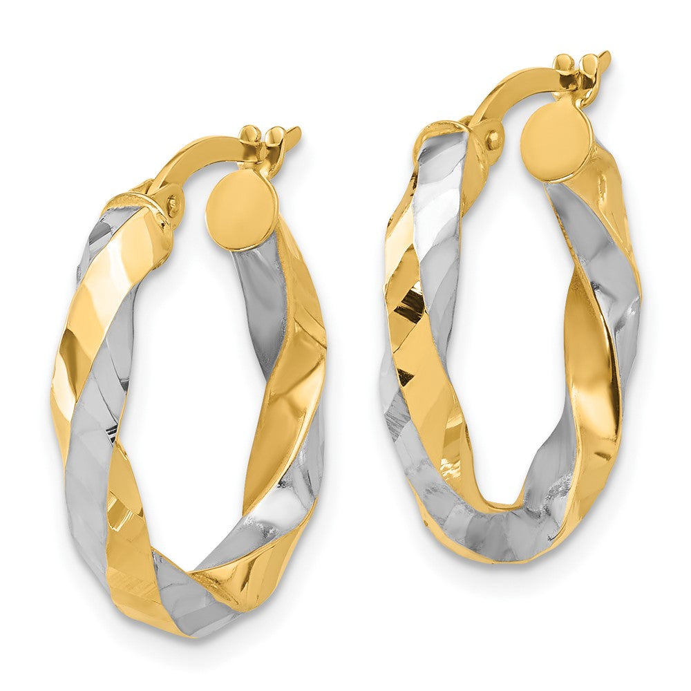 14K with White Rhodium Polished and Diamond-cut Twisted Hoop Earrings