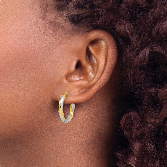 14K with White Rhodium Polished and Diamond-cut Twisted Hoop Earrings
