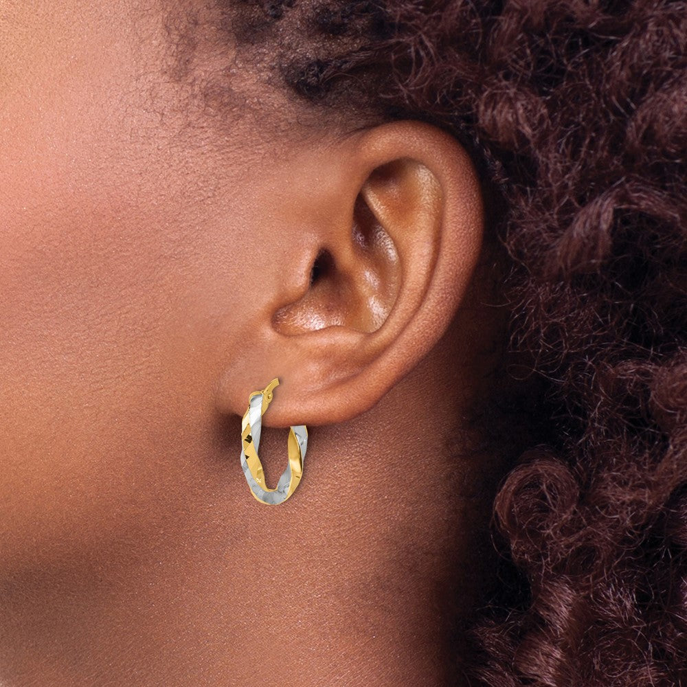 14K with White Rhodium Polished and Diamond-cut Twisted Hoop Earrings