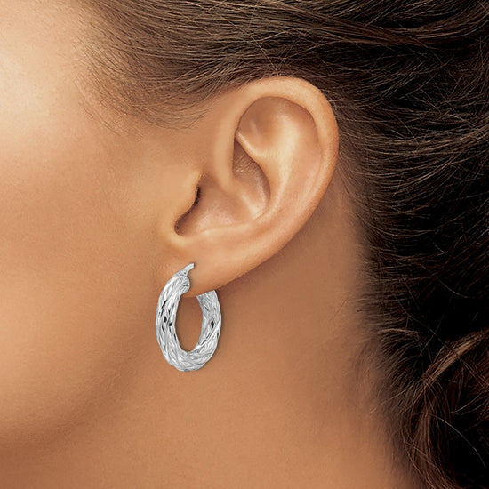 14k White Gold Polished 4.75mm Woven Texture Round Hoop Earrings