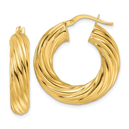 14ky Polished Twist 6mm Hollow Round Hoop Earrings