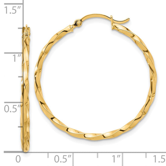 14K Polished and Twisted 1.8mm Hoop Earrings