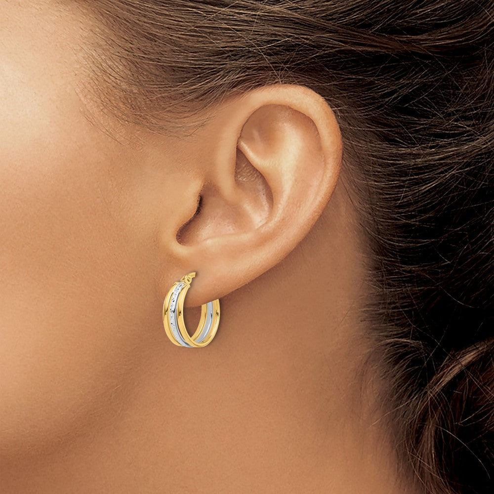 14K Two-tone Polished and Diamond-cut Fancy Hoop Earrings