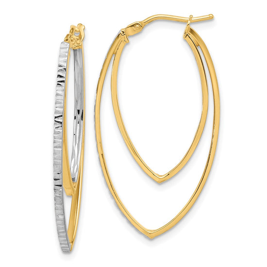 14K Polished and Rhodium Diamond-cut V Shape Hoop Earrings