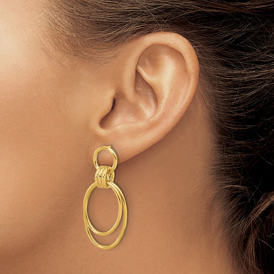 14K Polished and Textured Oval Dangle Post Earrings