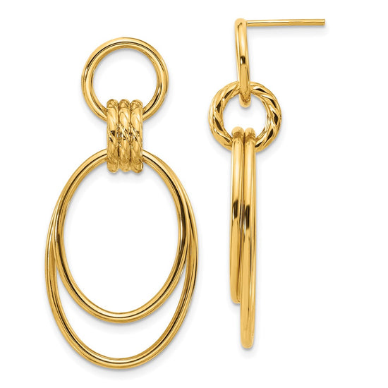 14K Polished and Textured Oval Dangle Post Earrings