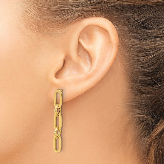 14K Polished and Textured Chain Link Dangle Post Earrings