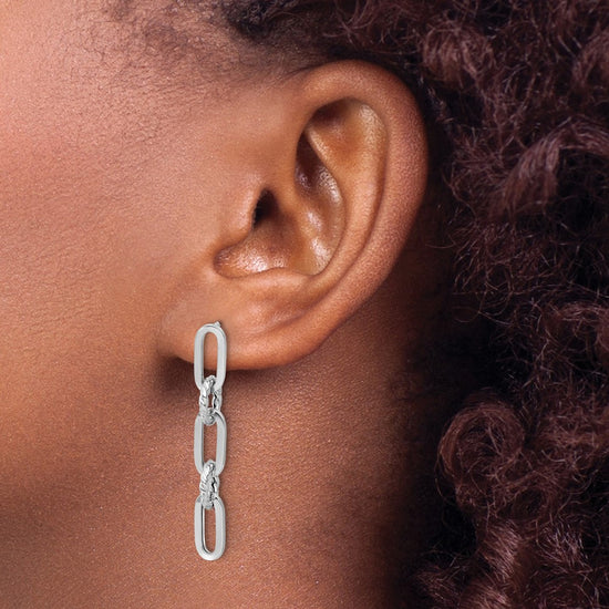 14K White Gold Polished and Textured Chain Link Dangle Post Earrings