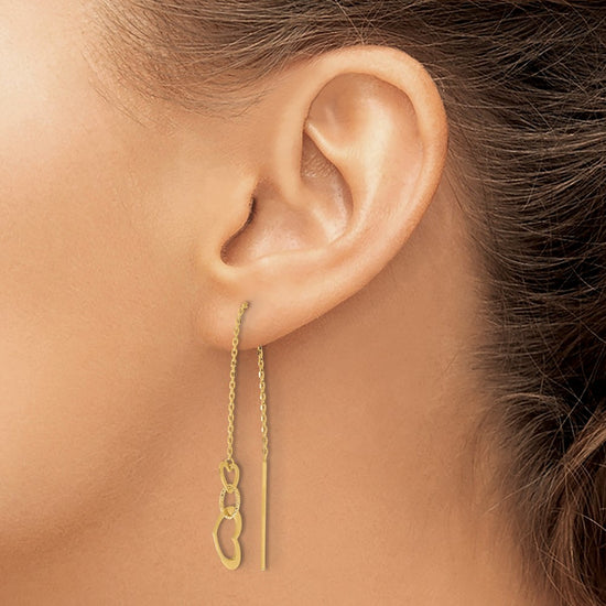 14K Polished Hearts Dangle and Chain Threader Earrings