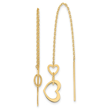 14K Polished Hearts Dangle and Chain Threader Earrings