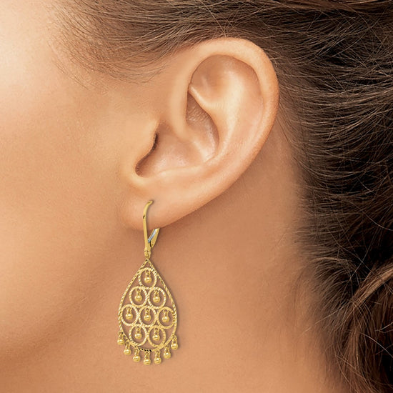 14K Polished Diamond-cut Chandelier-Style Fringed Dangle Leverback Earrings