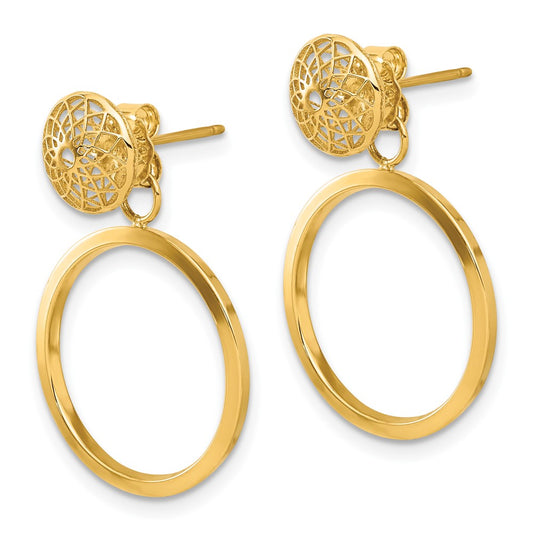 14k Polished 8mm Filigree Stud and 18mm Circle Dangle Front and Back Post Earrings