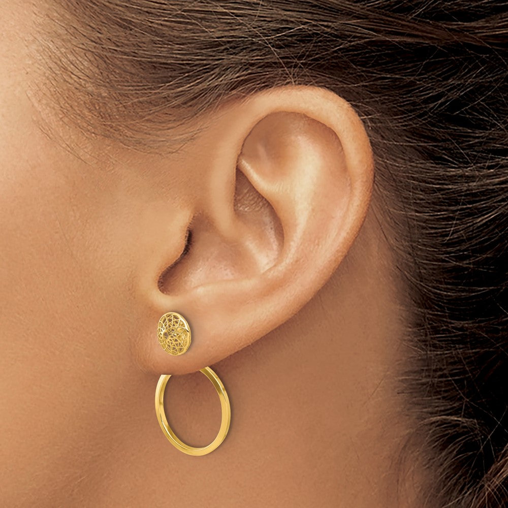 14k Polished 8mm Filigree Stud and 18mm Circle Dangle Front and Back Post Earrings