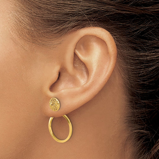 14k Polished 8mm Filigree Stud and 18mm Circle Dangle Front and Back Post Earrings