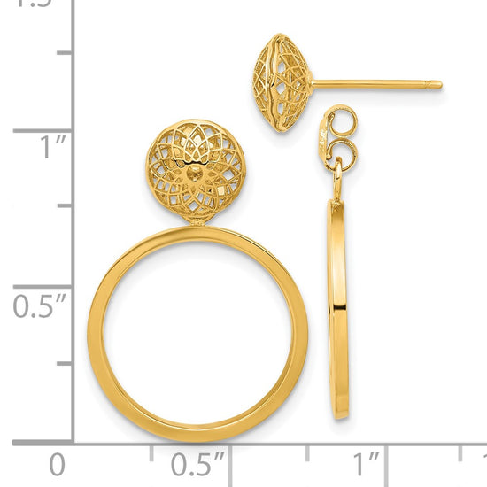 14k Polished 8mm Filigree Stud and 18mm Circle Dangle Front and Back Post Earrings
