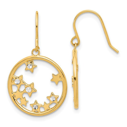 14k and White Rhodium Diamond-cut Stars in Circle Dangle French Hook Earrings