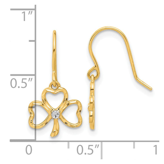 14k and White Rhodium Diamond-cut Clover Dangle French Hook Earrings