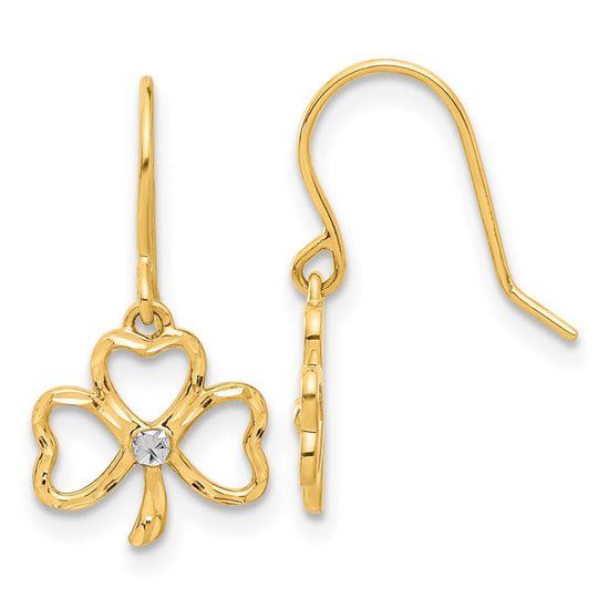 14k and White Rhodium Diamond-cut Clover Dangle French Hook Earrings
