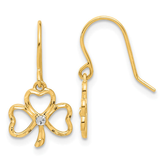 14k and White Rhodium Diamond-cut Clover Dangle French Hook Earrings
