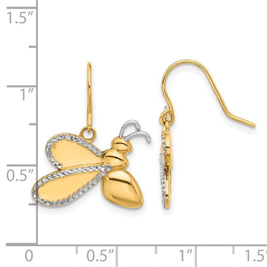 14k and White Rhodium Diamond-cut Large Bee Dangle French Hook Earrings
