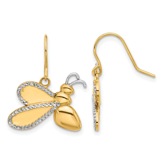 14k and White Rhodium Diamond-cut Large Bee Dangle French Hook Earrings